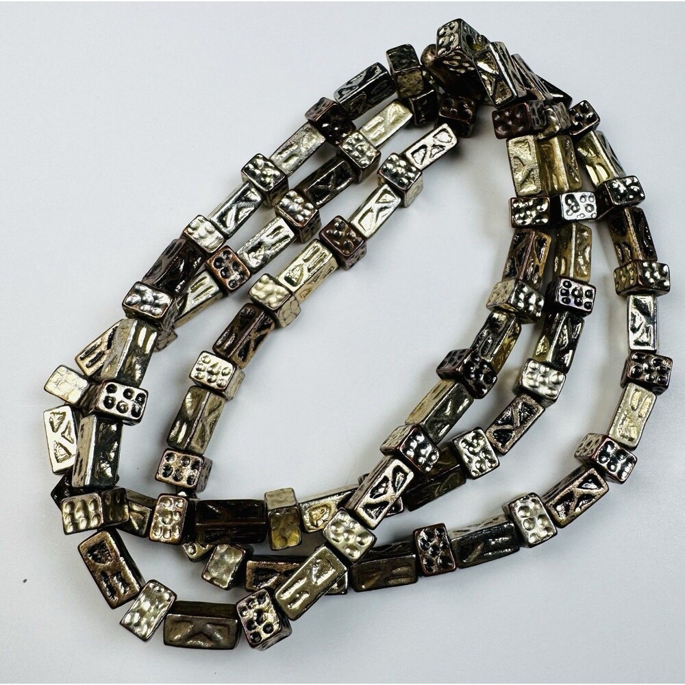 Chico’s Triple Strand Metallic Cube Bead Bracelet Bronze Gold Silver Tones